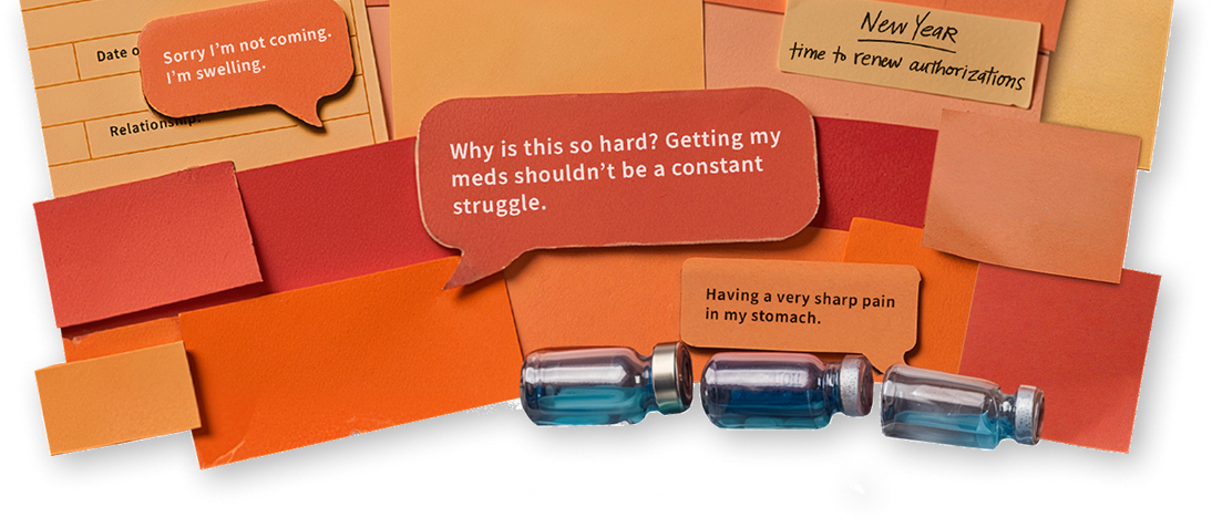 Image composed of HAE treatment items and text bubbles and sticky notes that say, "Why is this so hard? Getting my meds shouldn’t be a constant struggle," "Having a very sharp pain in my stomach," and "Sorry, I’m not coming— I’m swelling."