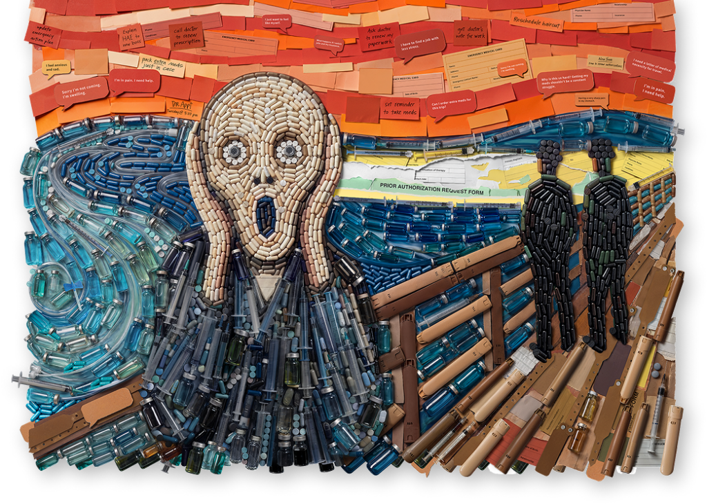 Image of person screaming composed of HAE treatment items, text bubbles, and sticky notes.