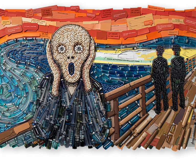 Image of person screaming composed of HAE treatment items, text bubbles, and sticky notes.