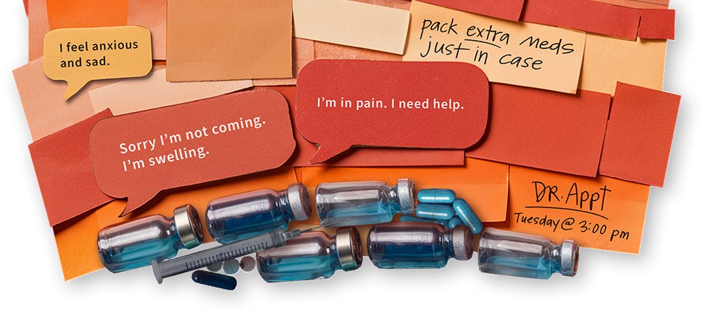 Image composed of HAE treatment items and text bubbles and sticky notes that say, "I feel anxious and sad," "Sorry I'm not coming. I'm swelling," and "I'm in pain. I need help."