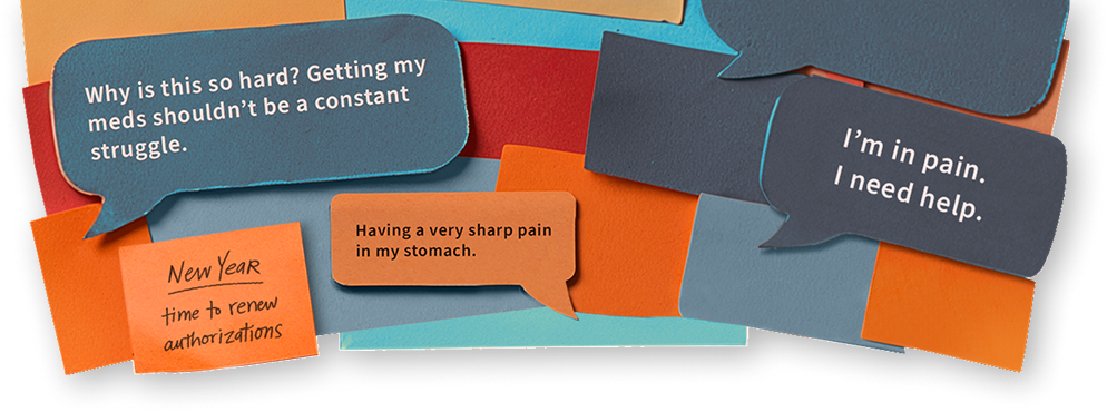 Image composed of HAE treatment items and text bubbles and sticky notes that say, "New year—time to renew authorizations," "Why is this so hard? Getting my meds shouldn't be a constant struggle," "I need a letter of medical necessity for travel," and "I’m in pain. I need help."