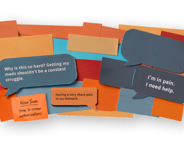 Image composed of HAE treatment items and text bubbles and sticky notes that say, "New year—time to renew authorizations," "Why is this so hard? Getting my meds shouldn't be a constant struggle," "I need a letter of medical necessity for travel," and "I’m in pain. I need help."